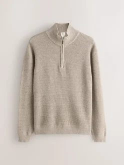 Neutral Plain N.Premium Regular Fit Cotton Rich Textured Premium Quarter Zip Jumper