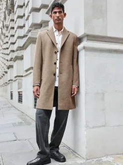 Neutral Regular Fit Epsom Overcoat with Wool
