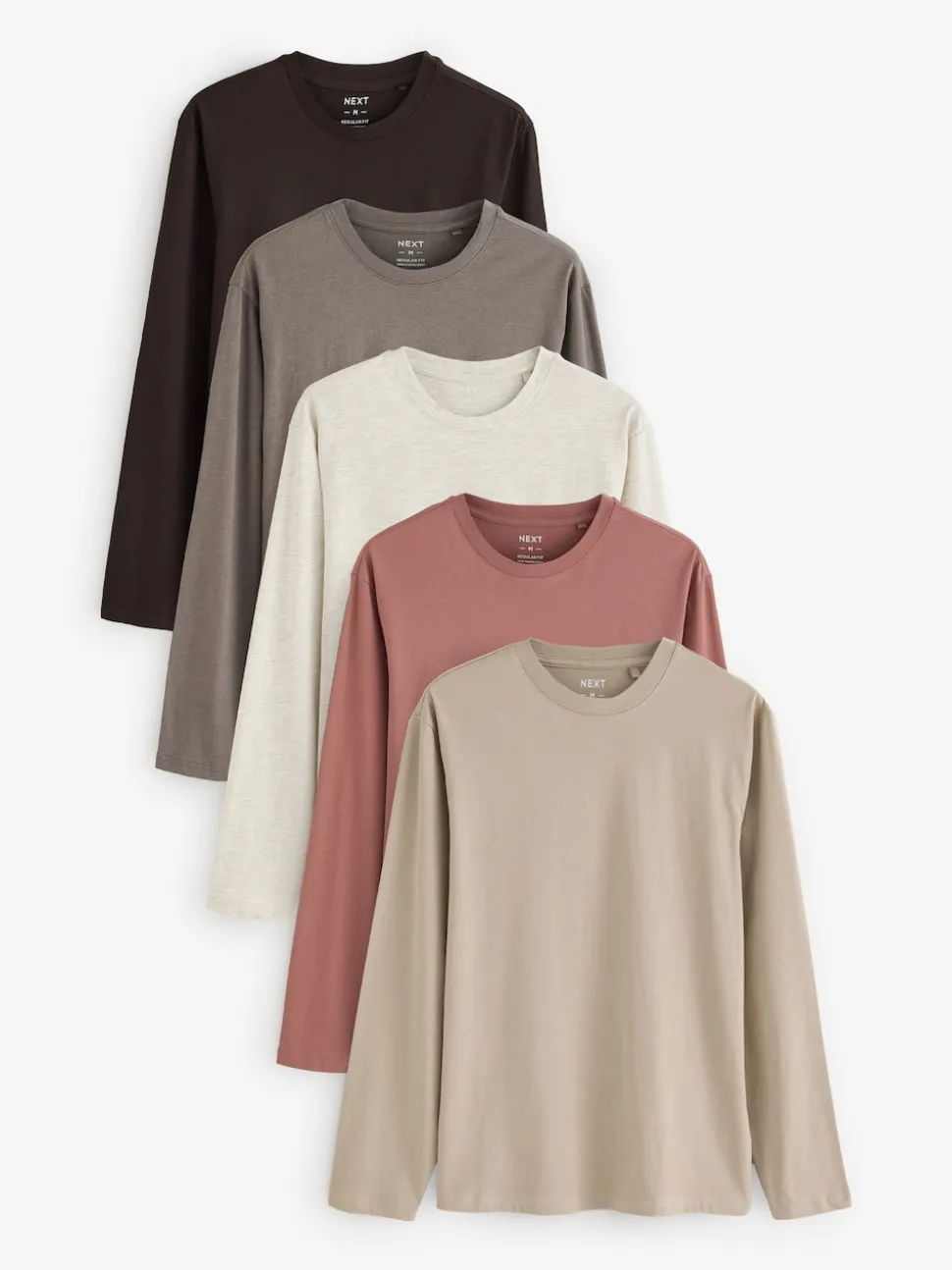 Neutral Regular Fit Regular Fit Long Sleeve 100% Cotton T-Shirts 5 Pack