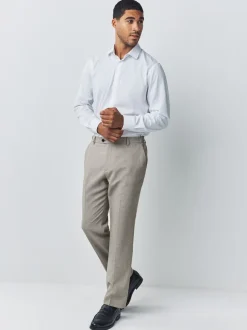Neutral Regular Fit Smart Textured Trousers With Stretch Waistband