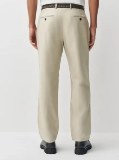 Neutral Regular Fit Smart Linen Cotton Blend Belted Trousers