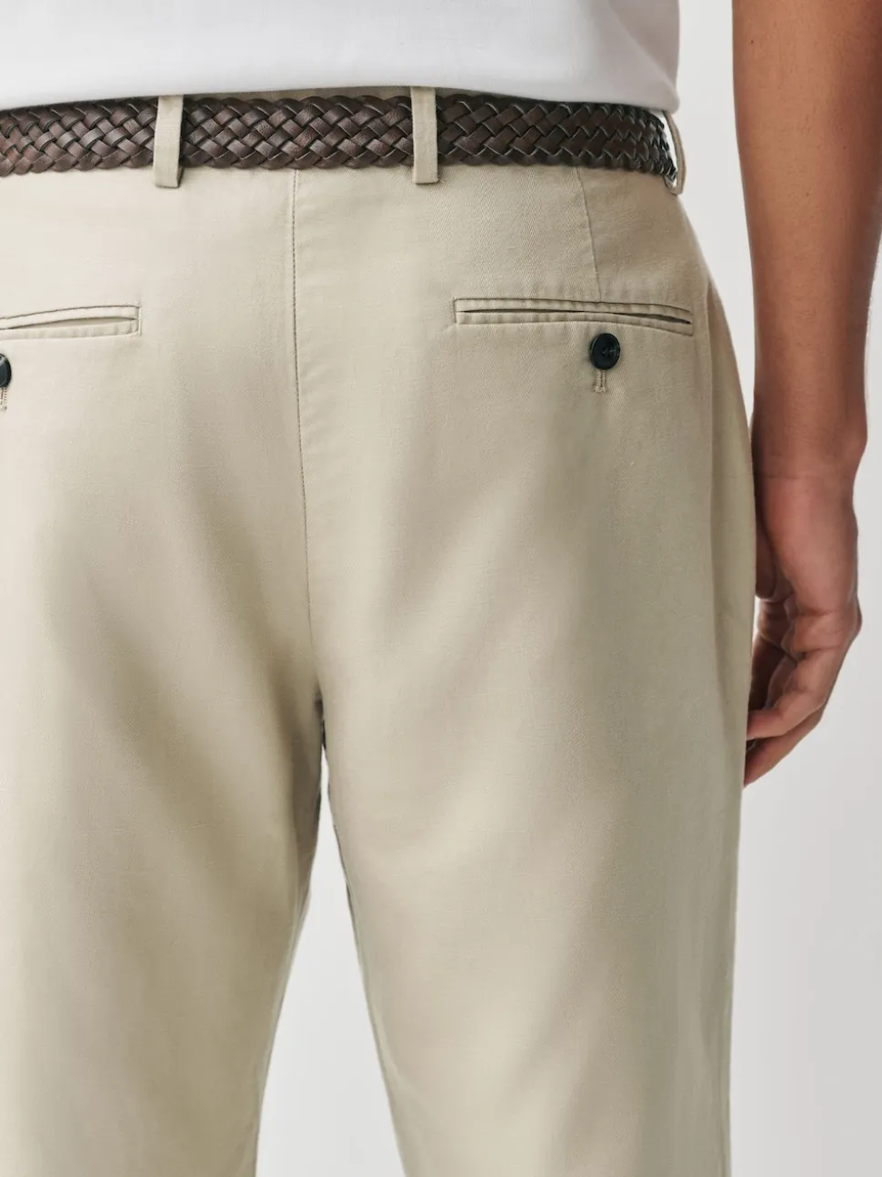 Neutral Regular Fit Smart Linen Cotton Blend Belted Trousers