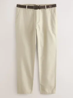 Neutral Regular Fit Smart Linen Cotton Blend Belted Trousers