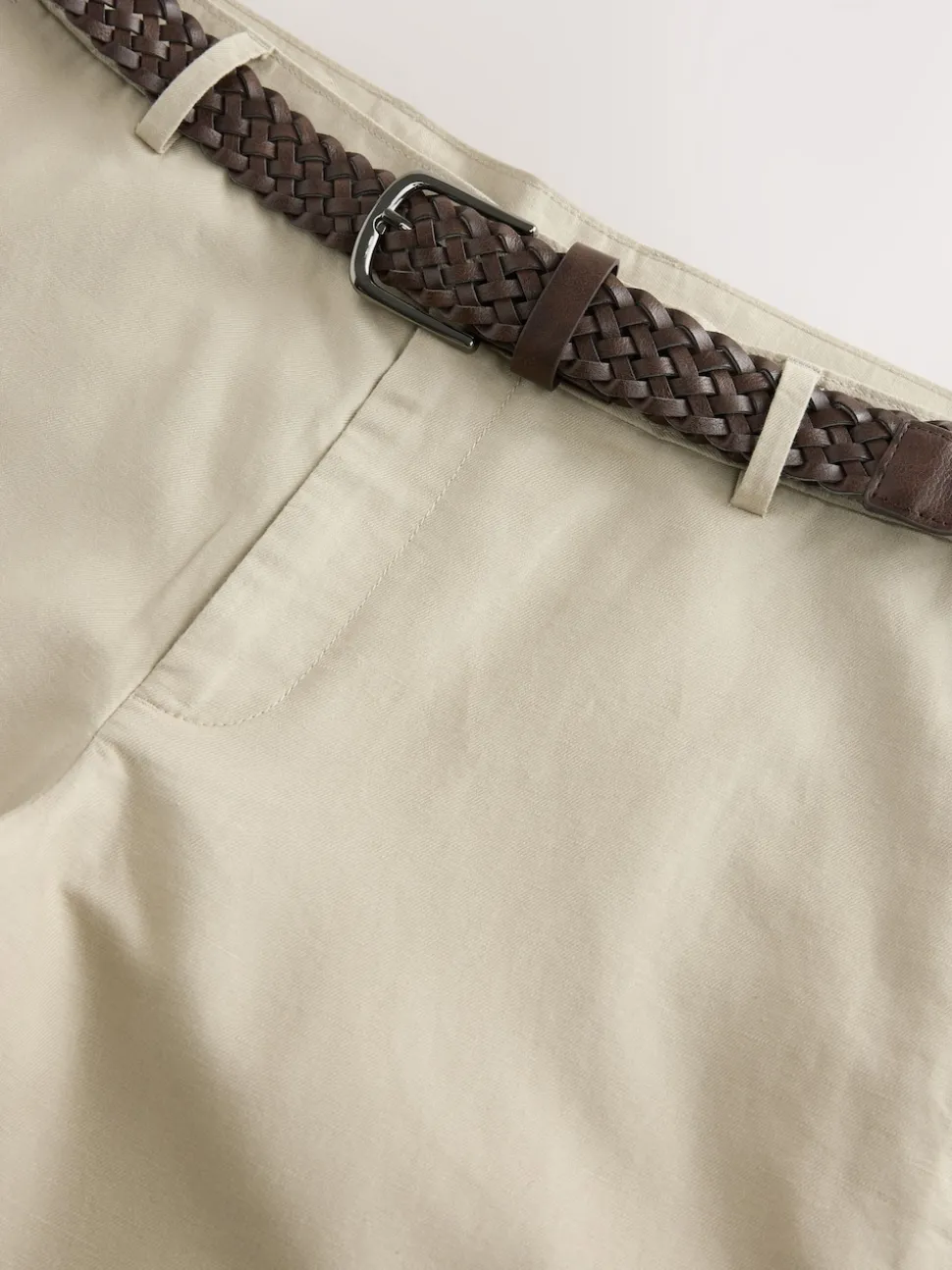 Neutral Regular Fit Smart Linen Cotton Blend Belted Trousers