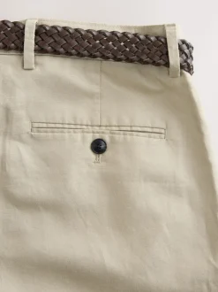 Neutral Regular Fit Smart Linen Cotton Blend Belted Trousers