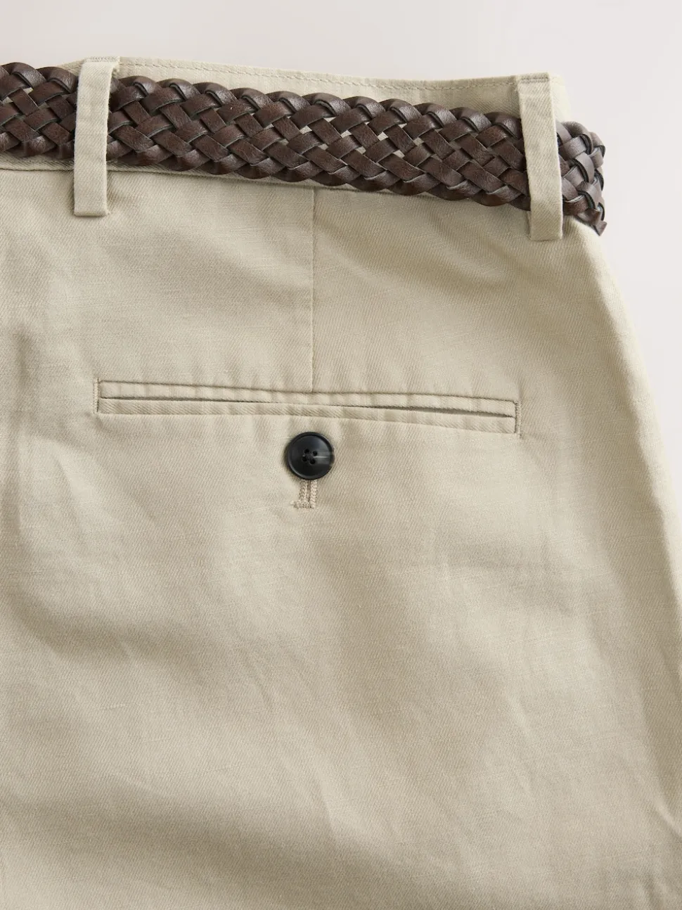 Neutral Regular Fit Smart Linen Cotton Blend Belted Trousers
