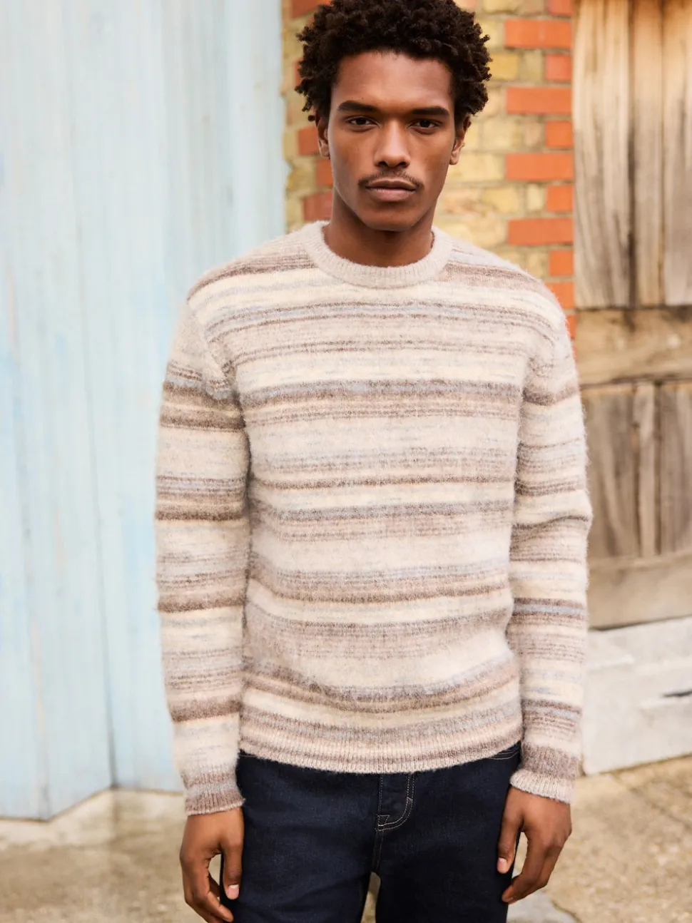 Neutral Regular Fit Stripe Crew Neck Jumper with Wool