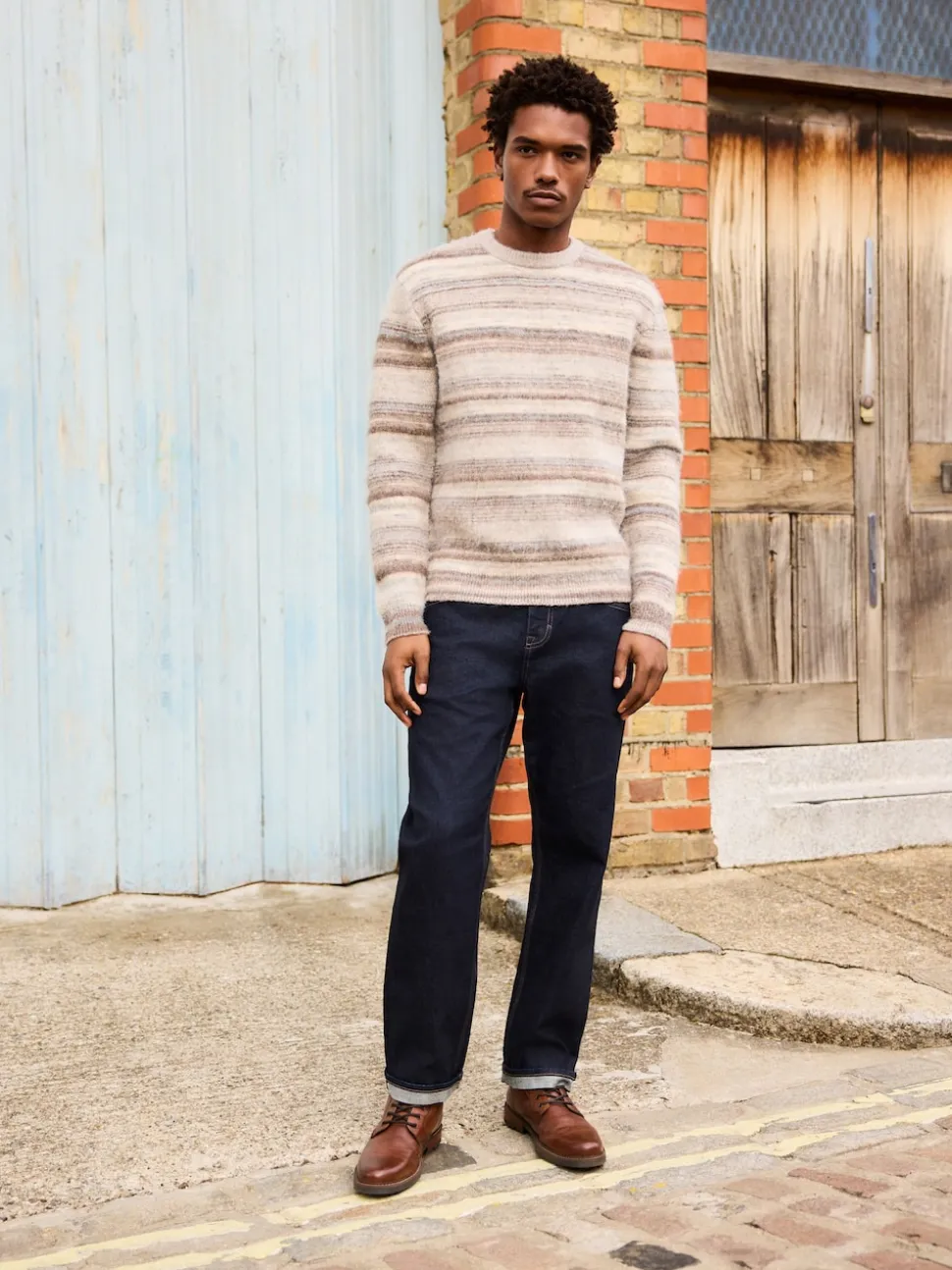 Neutral Regular Fit Stripe Crew Neck Jumper with Wool