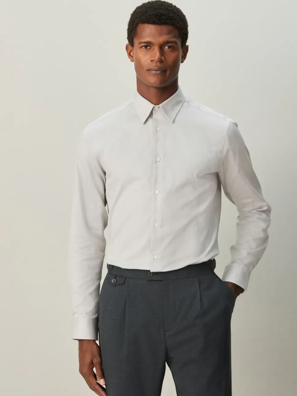 Neutral Regular Fit Textured Long Sleeve Formal Shirt with Trim