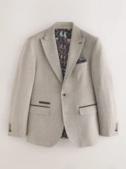 Neutral Slim Fit Nova Fides Italian Wool Blend Trimmed Textured Suit Jacket