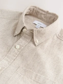 Neutral Standard Collar Cotton Linen Blend Long Sleeve Shirt