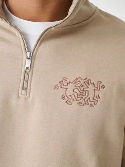 Neutral Stone Keith Haring Licence Graphic Print Quarter Zip Neck Sweatshirt