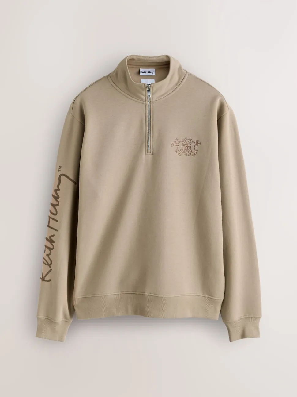 Neutral Stone Keith Haring Licence Graphic Print Quarter Zip Neck Sweatshirt
