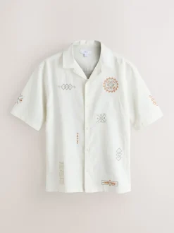 Neutral Textured Embroidered Navajo Style Short Sleeve Shirt
