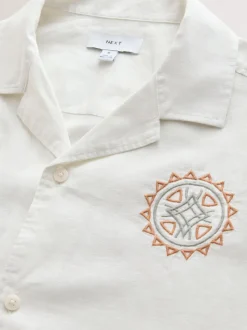 Neutral Textured Embroidered Navajo Style Short Sleeve Shirt