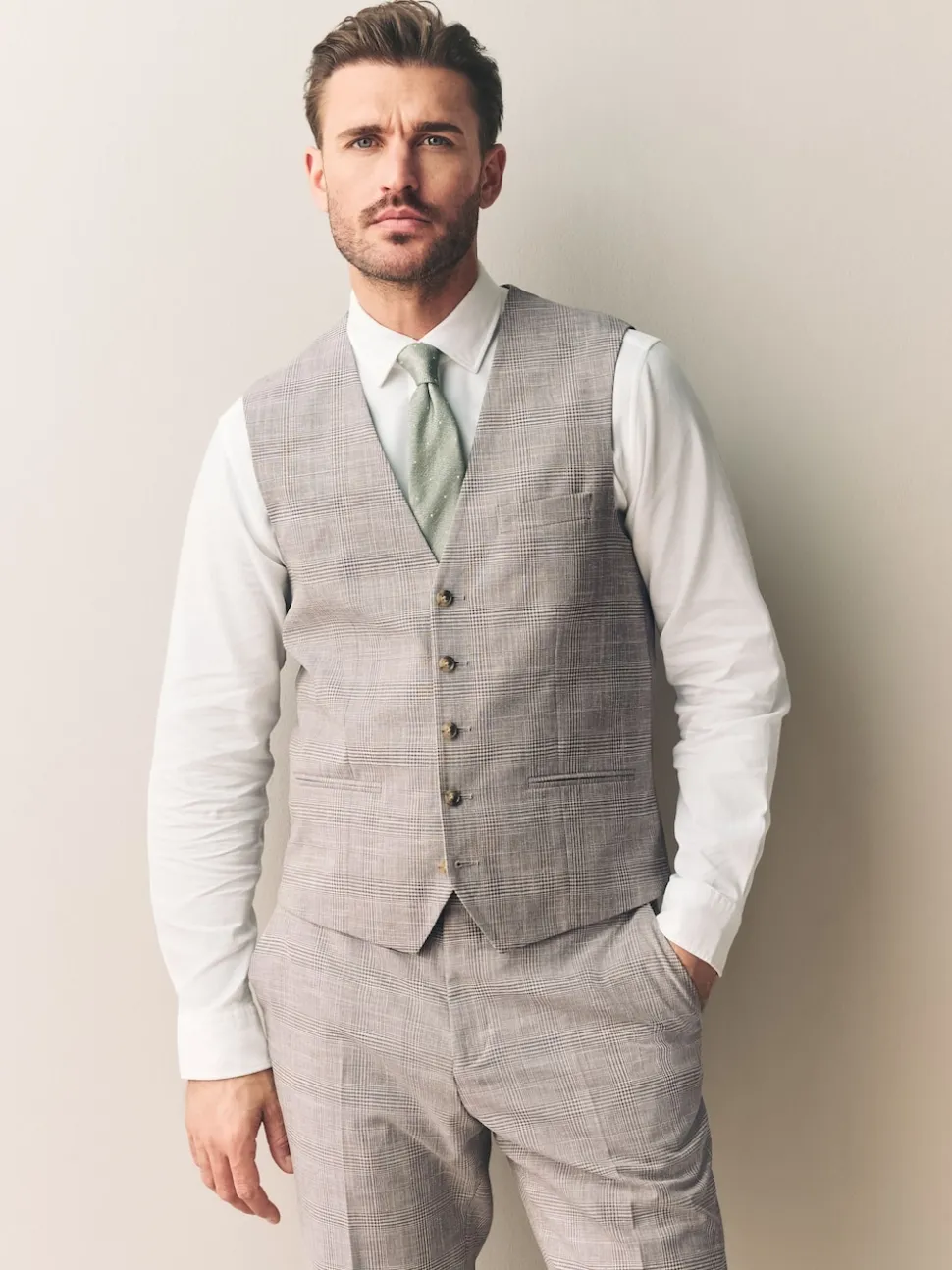 Neutral Tollegno Linen Blend Check Suit Waistcoat
