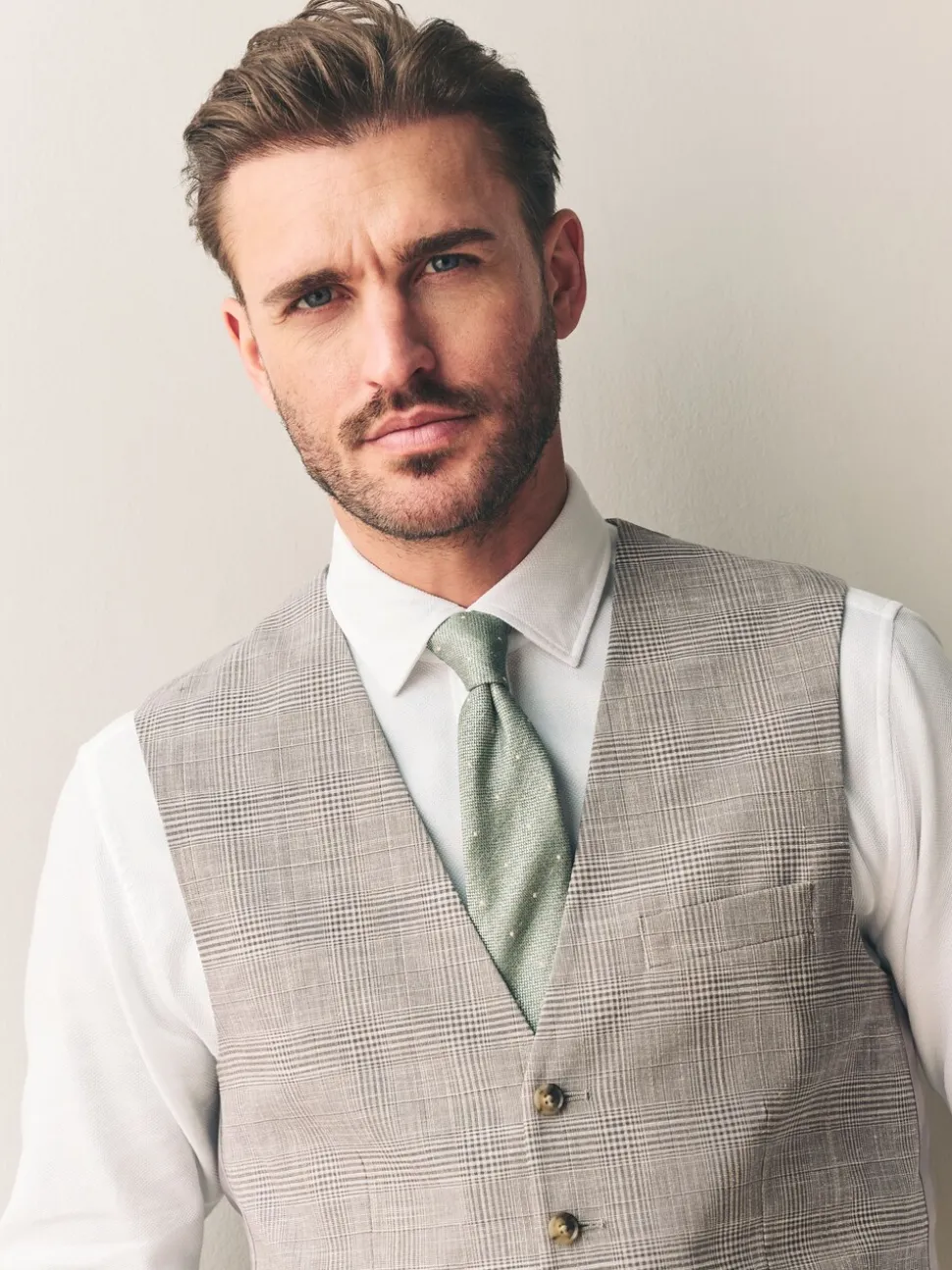 Neutral Tollegno Linen Blend Check Suit Waistcoat