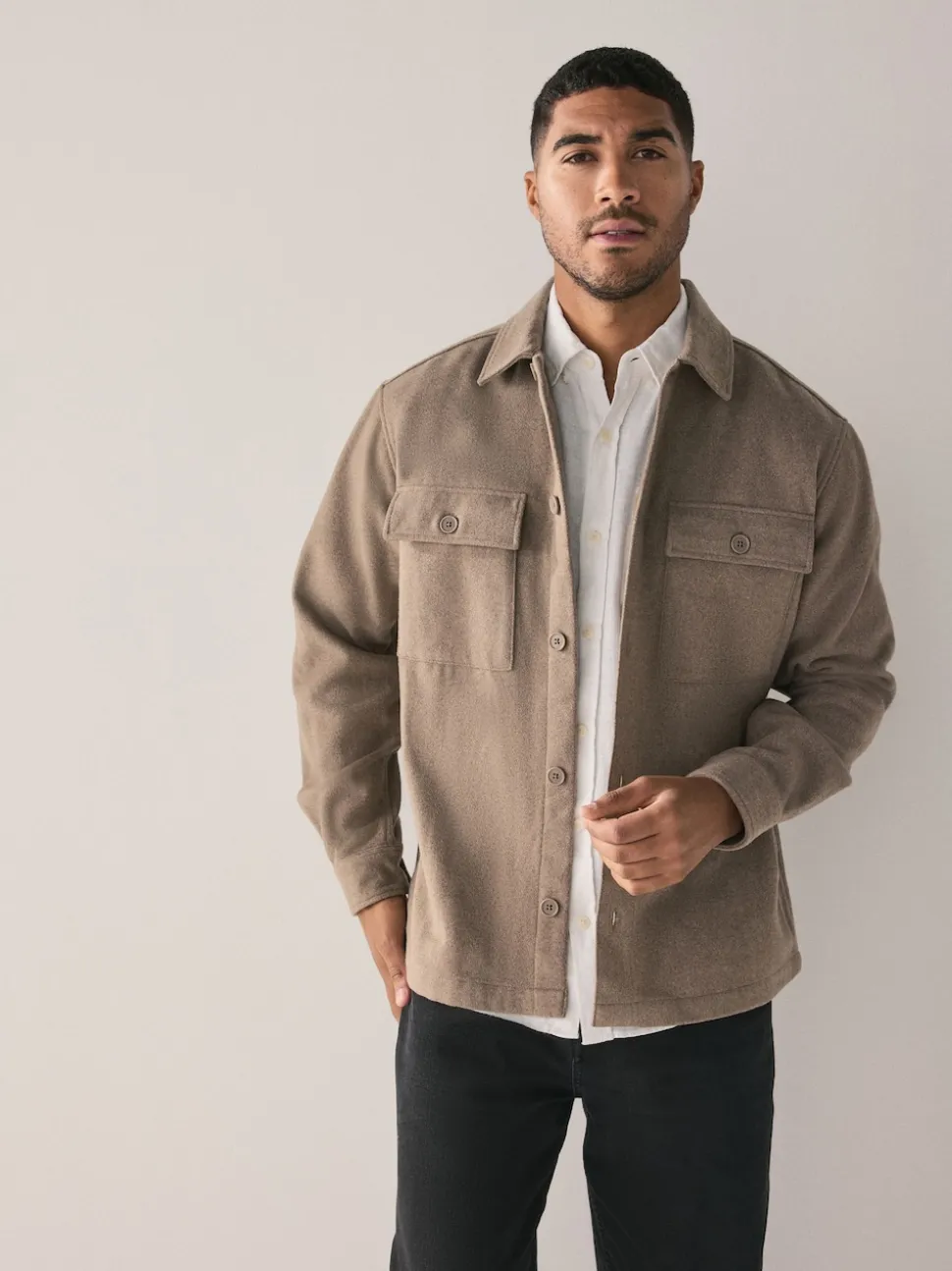 Neutral Twin Pocket Shacket Overshirt with Wool