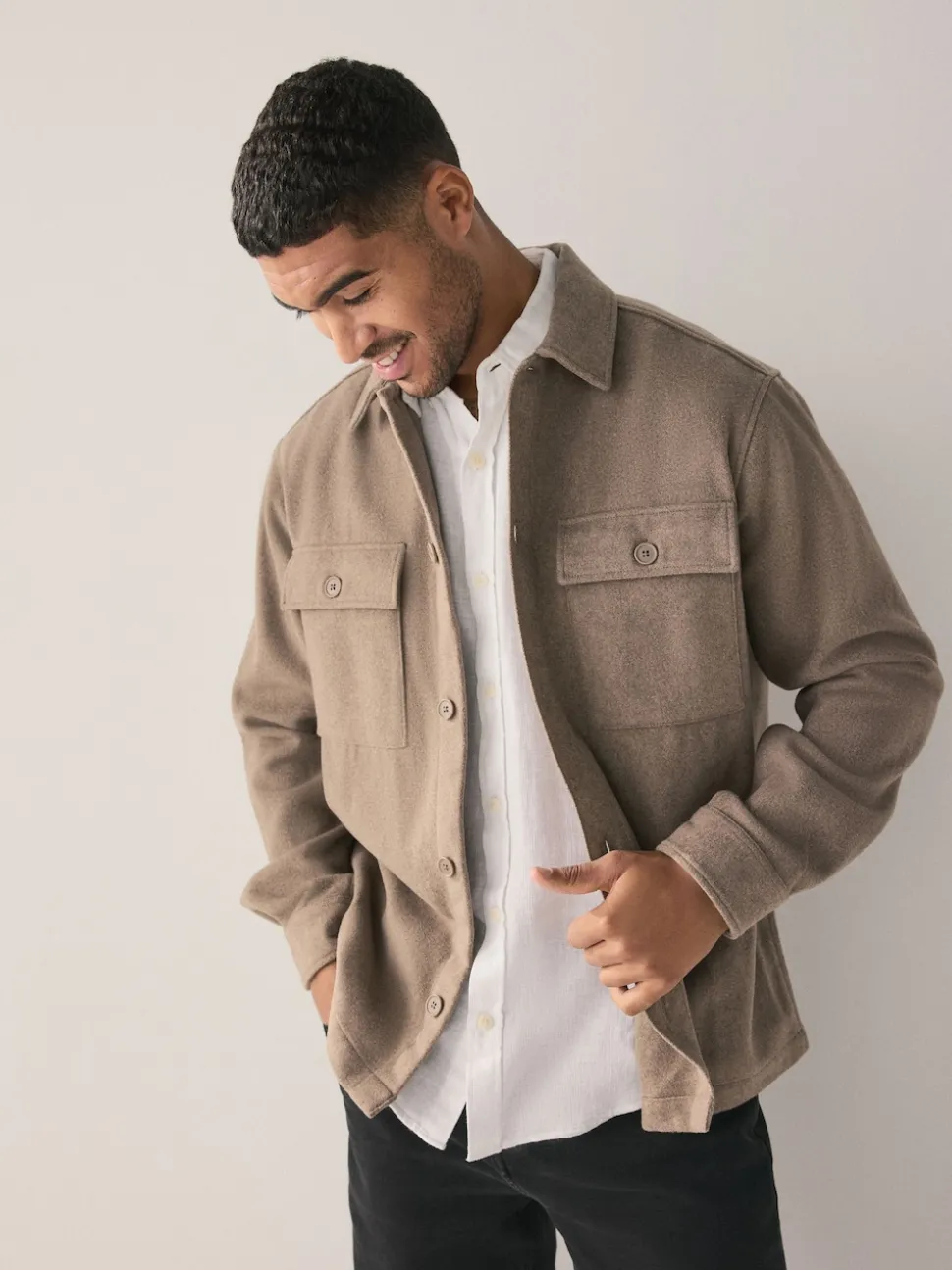 Neutral Twin Pocket Shacket Overshirt with Wool