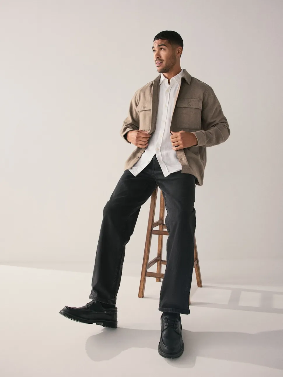 Neutral Twin Pocket Shacket Overshirt with Wool