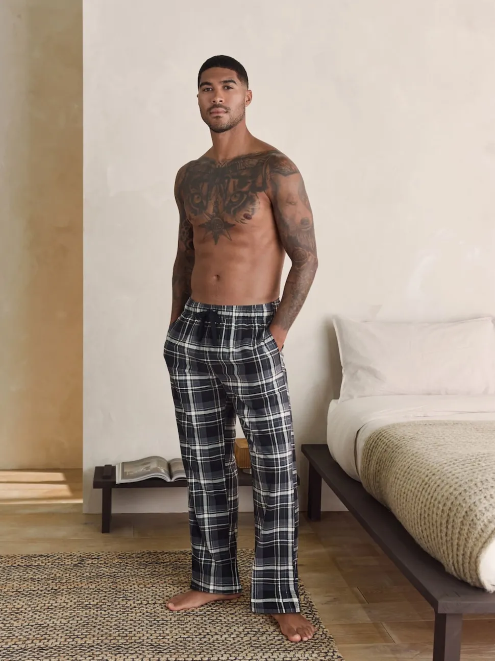 Neutral/Black Check Motionflex Cosy Open Hem Pyjama Bottoms 2 Pack