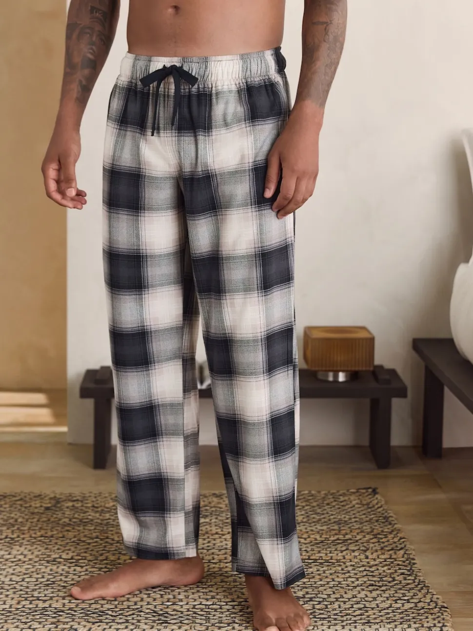 Neutral/Black Check Motionflex Cosy Open Hem Pyjama Bottoms 2 Pack