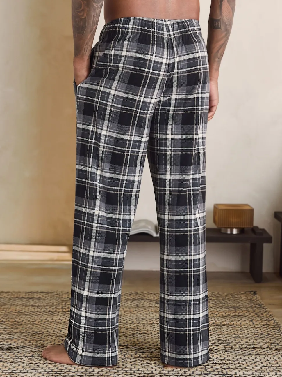 Neutral/Black Check Motionflex Cosy Open Hem Pyjama Bottoms 2 Pack