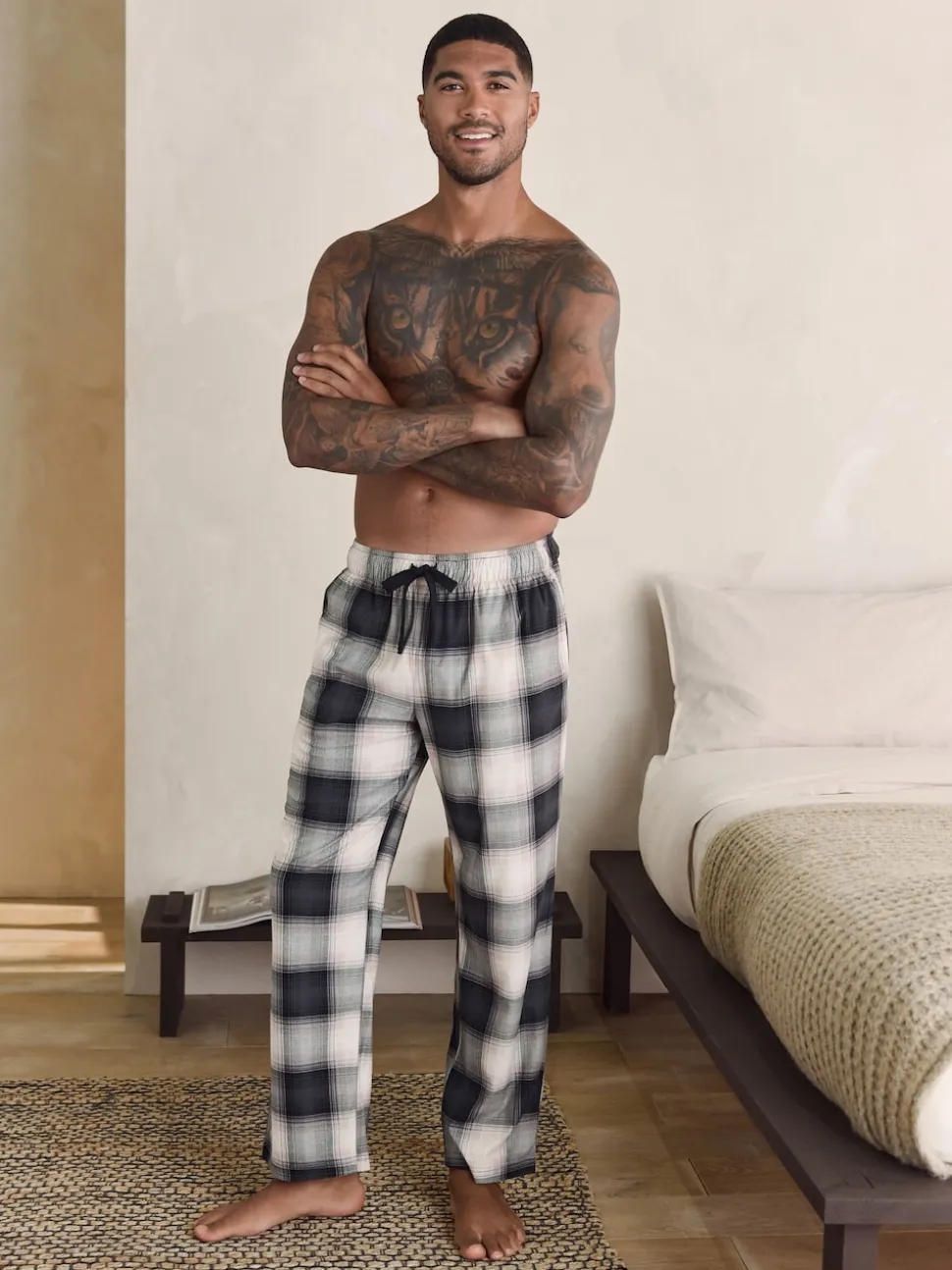 Neutral/Black Check Motionflex Cosy Open Hem Pyjama Bottoms 2 Pack