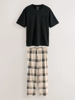 Neutral/Black Check Short Sleeve Jersey Pyjamas Set