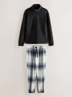 Neutral/Blue Thermal Fleece Zip Through Check Long Sleeve Pyjamas Set