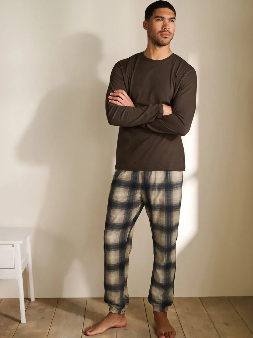 Neutral/Brown Check Motionflex Cosy Long Sleeve Cuffed Pyjamas