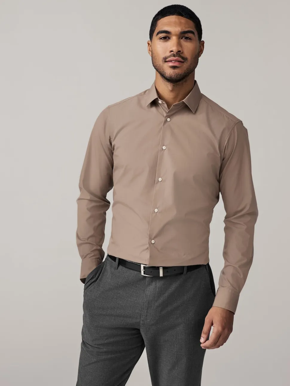 Neutral/Ecru/Black Slim Fit Easy Care Textured Single Cuff Smart Shirts 3 Pack