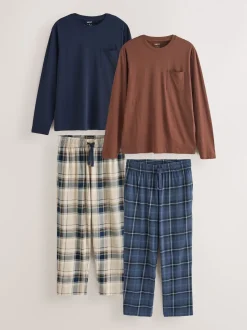 Neutral/Navy Check Jersey Short Sleeve Pyjamas Set 2 Pack