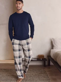 Neutral/Navy Check Jersey Short Sleeve Pyjamas Set 2 Pack