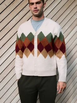 Oatmeal Multi Relaxed Fit Argyle Cardigan with Wool