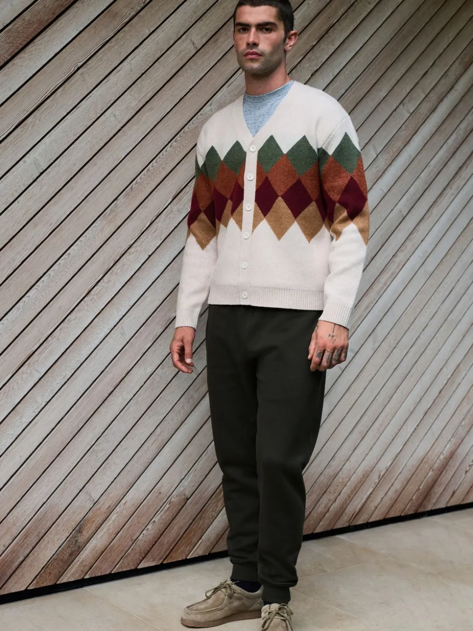 Oatmeal Multi Relaxed Fit Argyle Cardigan with Wool