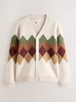 Oatmeal Multi Relaxed Fit Argyle Cardigan with Wool
