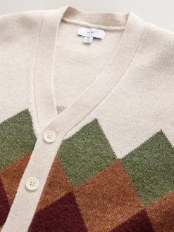 Oatmeal Multi Relaxed Fit Argyle Cardigan with Wool