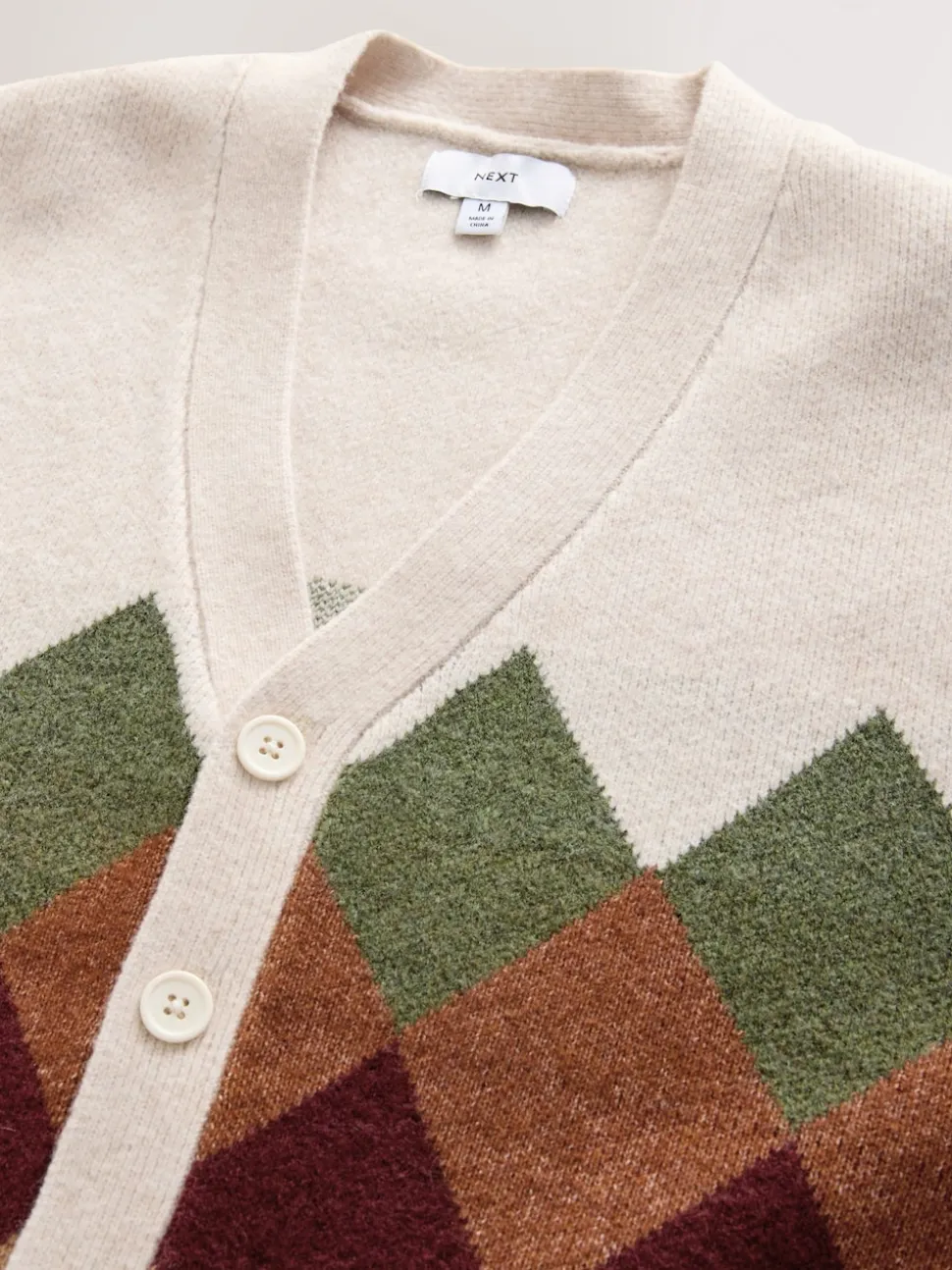 Oatmeal Multi Relaxed Fit Argyle Cardigan with Wool