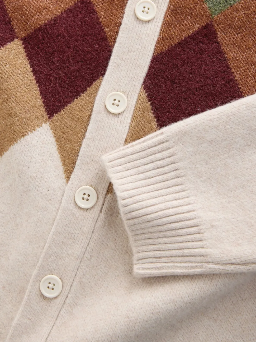 Oatmeal Multi Relaxed Fit Argyle Cardigan with Wool