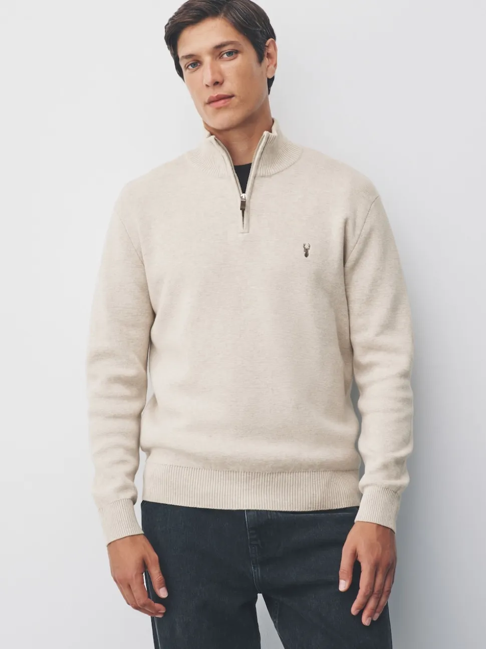 Oatmeal Stag Logo N.Premium Regular Fit 100% Cotton Premium Quarter Zip Jumper