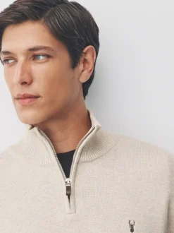 Oatmeal Stag Logo N.Premium Regular Fit 100% Cotton Premium Quarter Zip Jumper