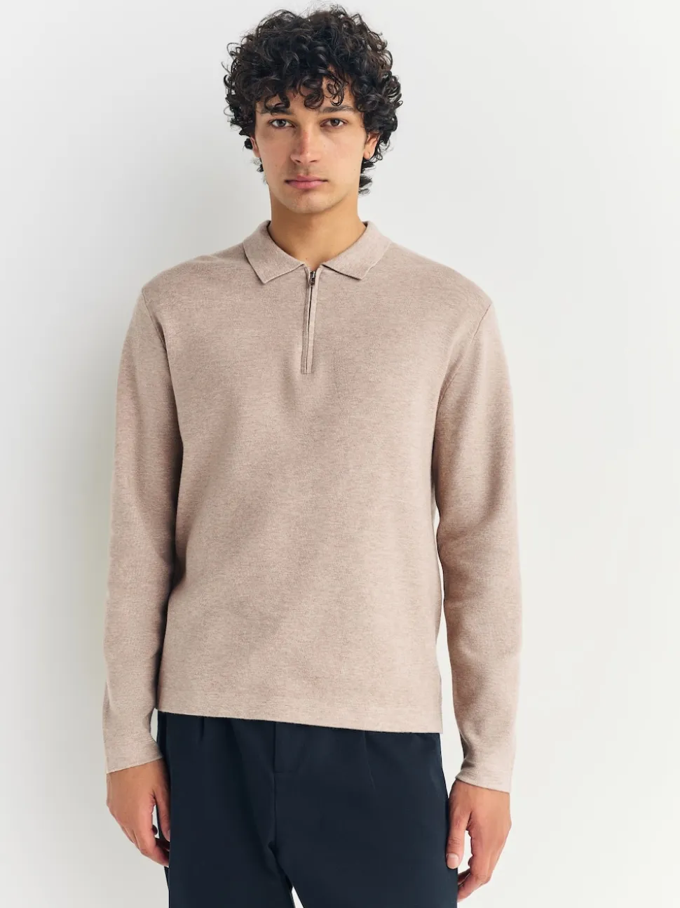 Oatmeal Zip Neck N.Premium Regular Fit Premium Mid Weight Long Sleeve Knit Polo Shirt