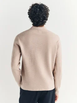 Oatmeal Zip Neck N.Premium Regular Fit Premium Mid Weight Long Sleeve Knit Polo Shirt