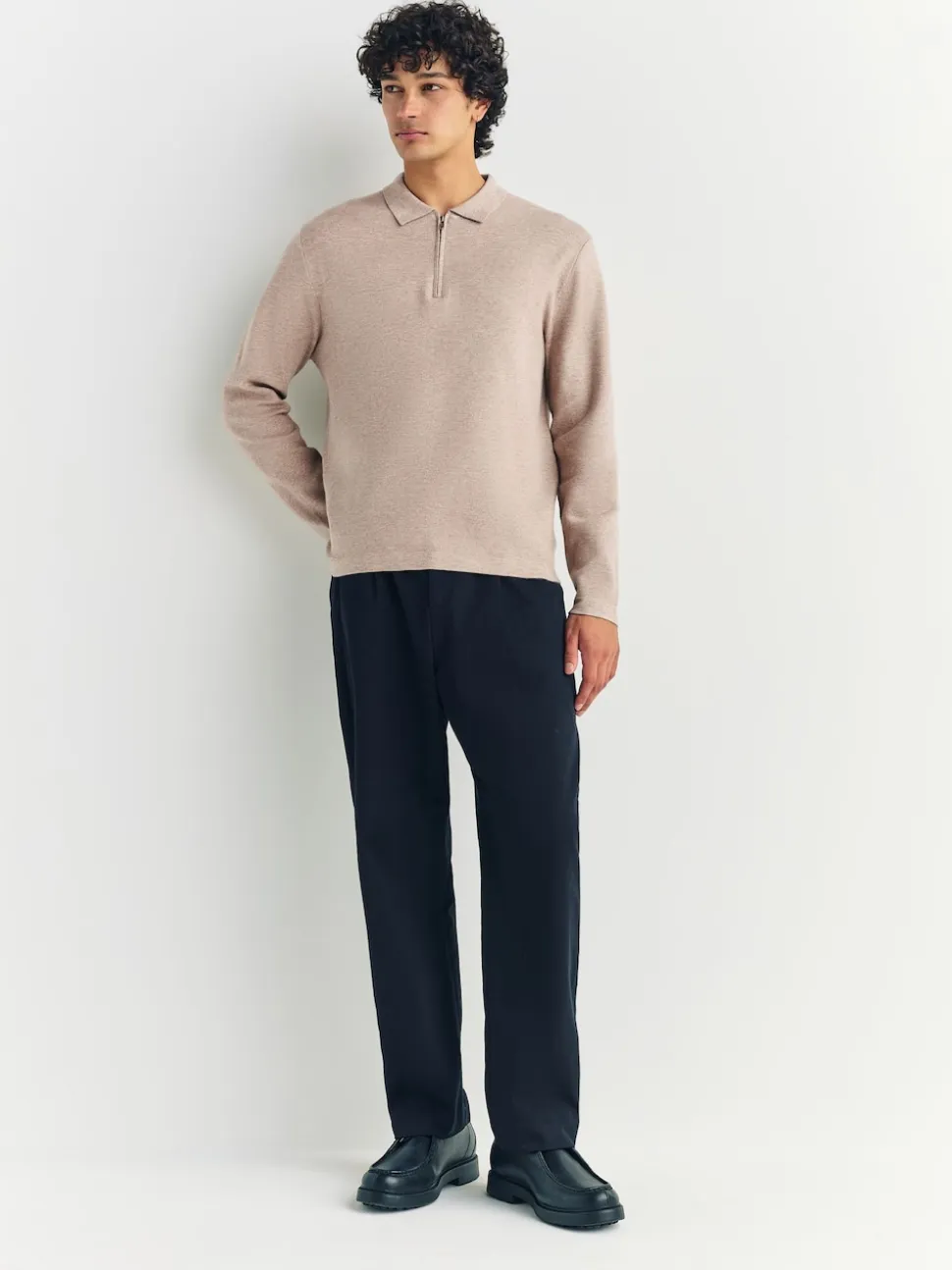 Oatmeal Zip Neck N.Premium Regular Fit Premium Mid Weight Long Sleeve Knit Polo Shirt