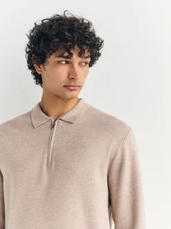 Oatmeal Zip Neck N.Premium Regular Fit Premium Mid Weight Long Sleeve Knit Polo Shirt