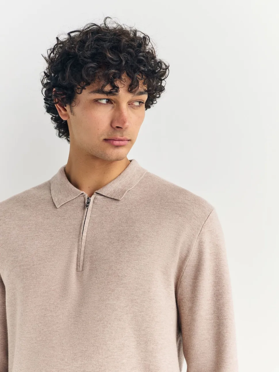 Oatmeal Zip Neck N.Premium Regular Fit Premium Mid Weight Long Sleeve Knit Polo Shirt