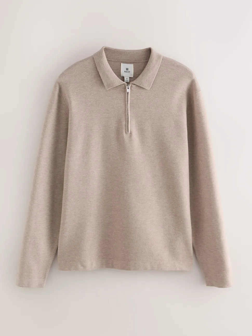 Oatmeal Zip Neck N.Premium Regular Fit Premium Mid Weight Long Sleeve Knit Polo Shirt