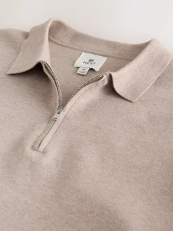 Oatmeal Zip Neck N.Premium Regular Fit Premium Mid Weight Long Sleeve Knit Polo Shirt