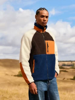 Ochre Orange/Ecru Neutral Colourblock Zip Through Funnel Fleece